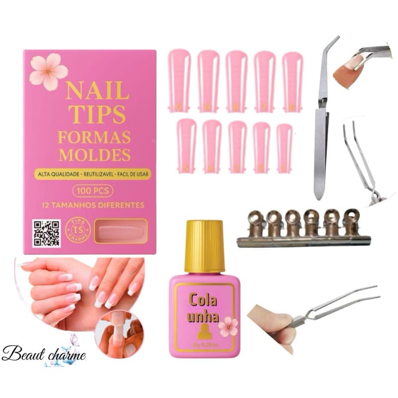 Kit Pinça Curvatura C+ 100 Unhas Tips Transparente + Cola Pincel Lírio + 6 Presilhas