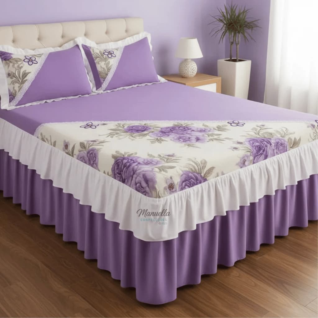 Colcha de Cama casalCom babado Duplo e  Bico  2,40m X 2,60M- 3 Peças