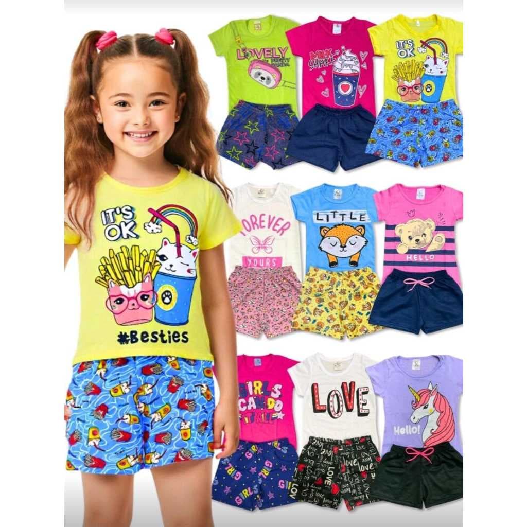 Kit de 2, 4 ou 10 Peças Roupa Infantil Menina Conjunto Verão Criança Feminino Tamanho 1 ao 14