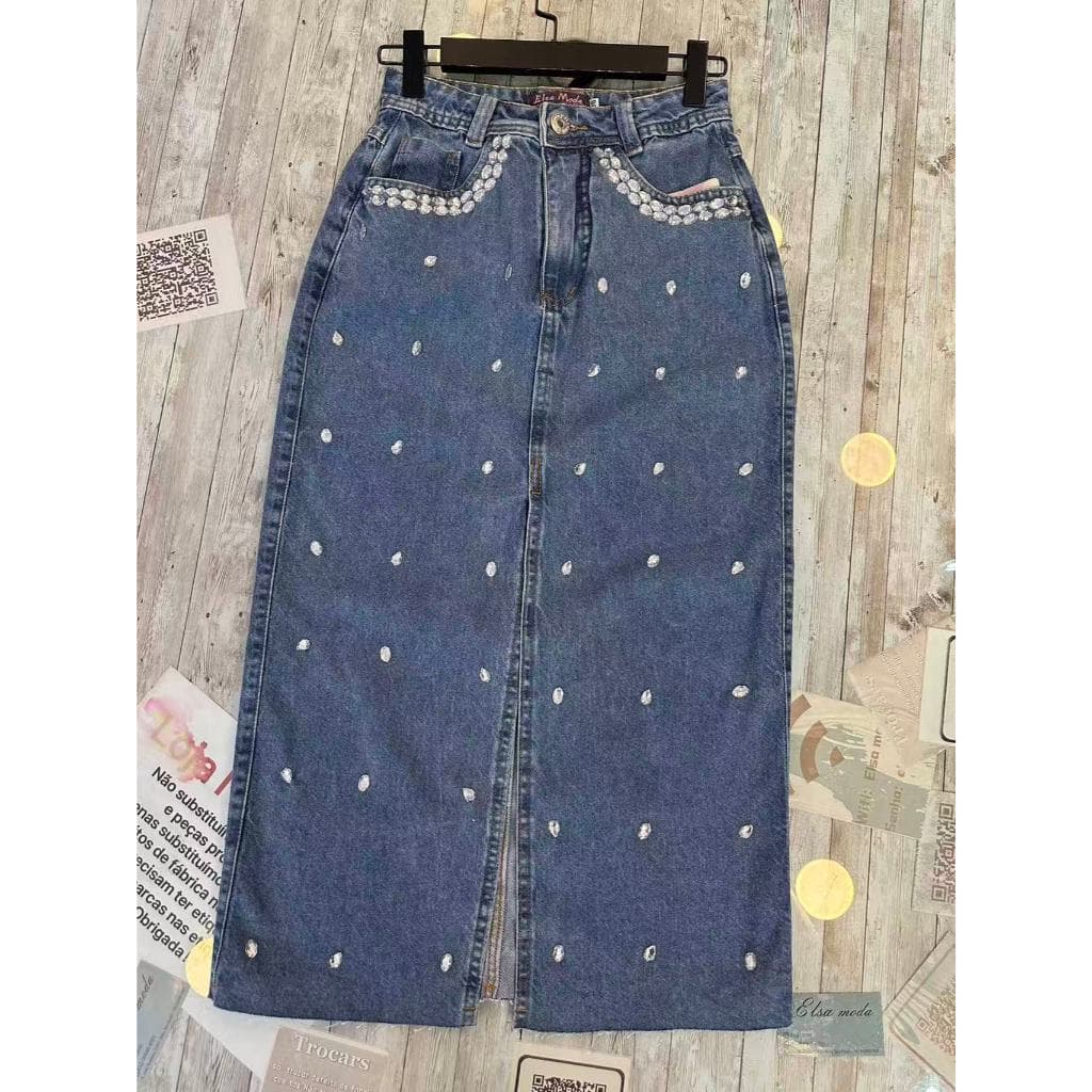 Saia Jeans com Strass diamantes cintura alto Fenda frete Feminina Elegante casual e moderno