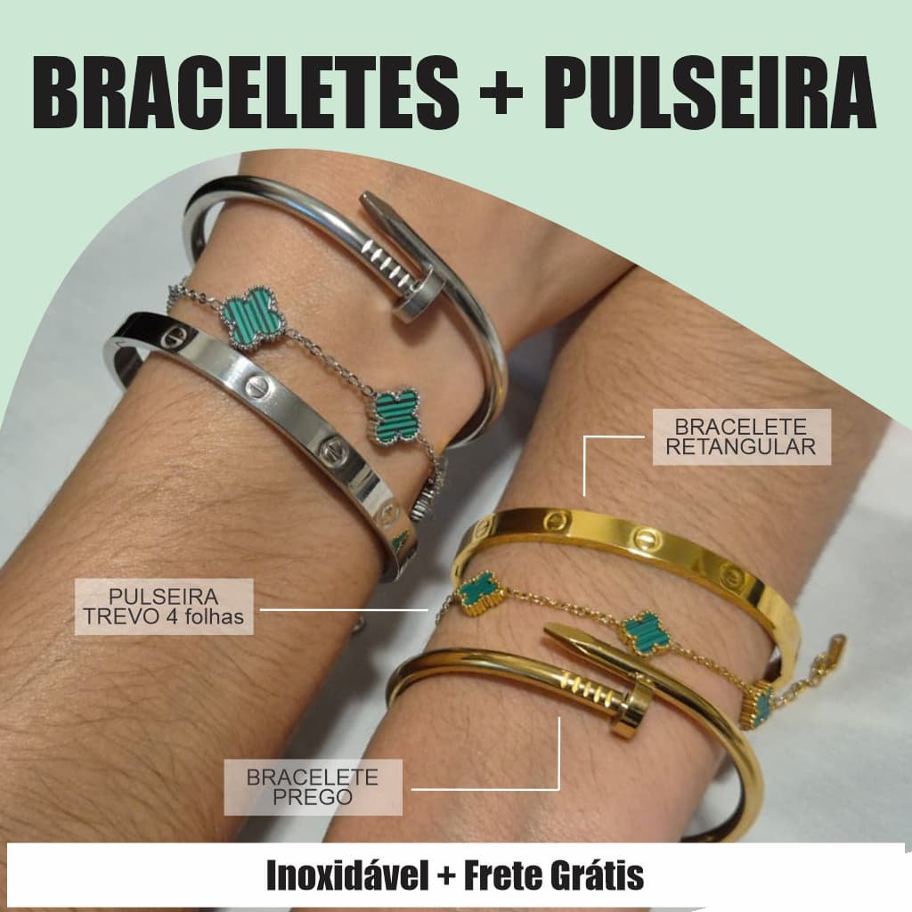 Kit Braceletes Aço Inox + Pulseira Trevo Tendência 2026 Estilo Influencers Frete Grátis Dourado Prata Inoxidável Moda