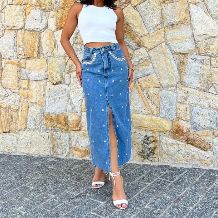 Saia Jeans midi com Strass diamantes saia cintura alto saia de Fenda frete Feminina Elegante,moderno