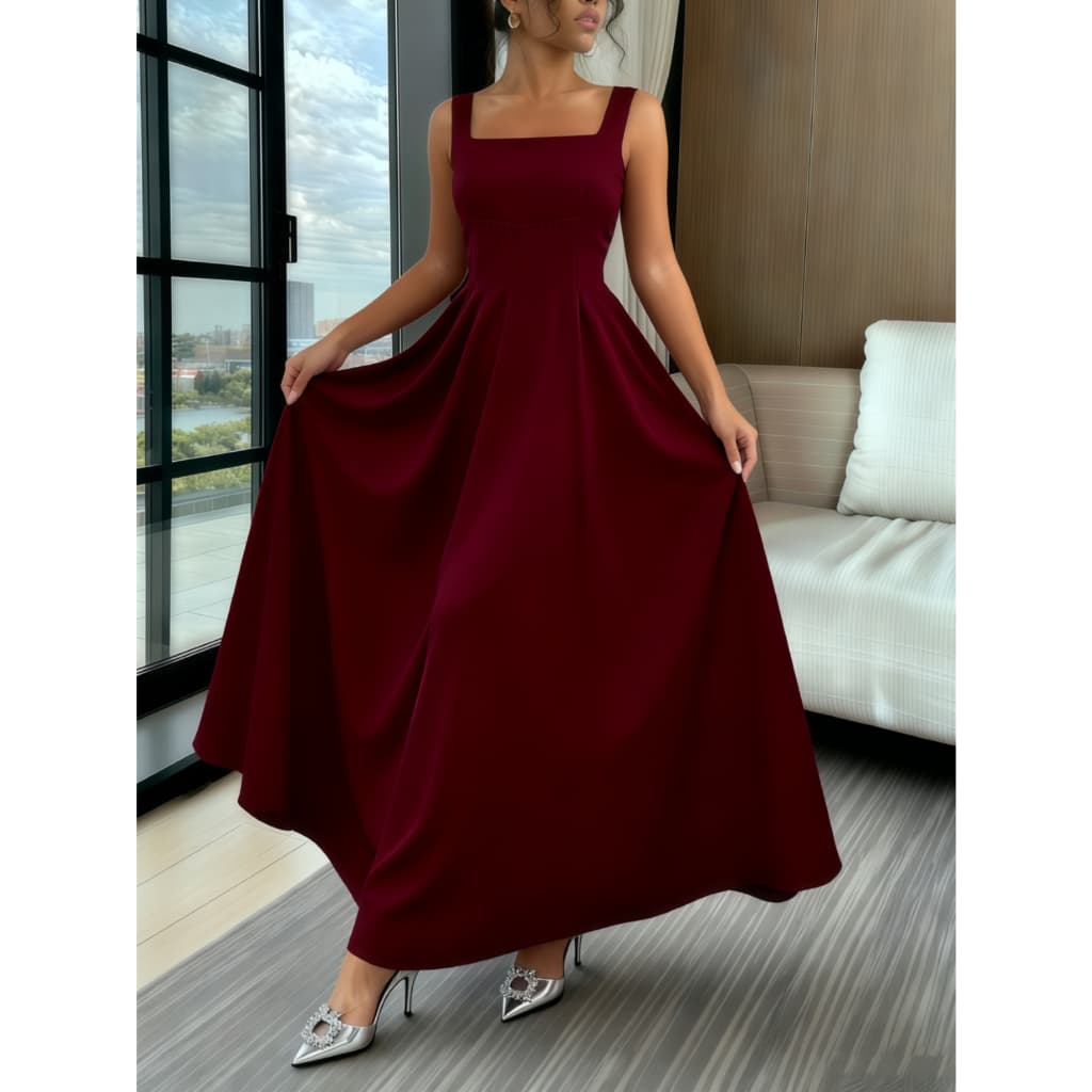 Sólido Gola Quadrada Vestido  Design com faixa elástica nas costas P M G