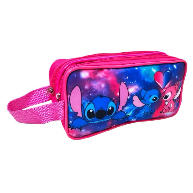 Estojo Stitch Rosa Menina Escolar Infantil 2 Compartimentos Grande Zíper Duplo