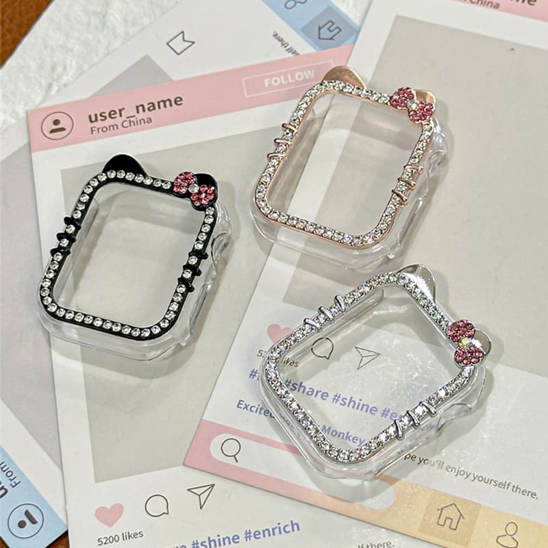 Capa Luxo Hello Kitty com Diamantes Brilhantes Case de PC Super Fofa para Apple Watch 40/41/42/44/45/46/49mm