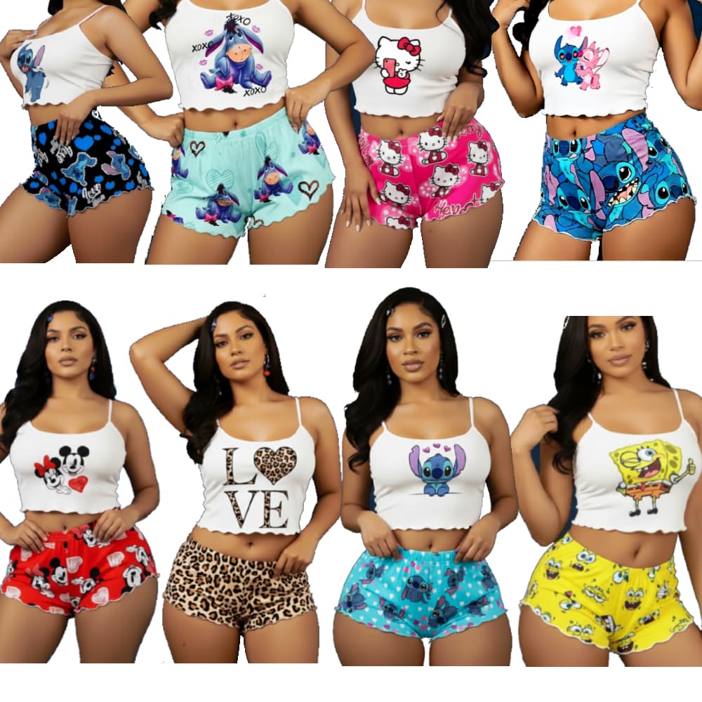 Kit 5 Pijamas Baby Doll Cropped Ondinha Feminino Virginia Estampas Variadas