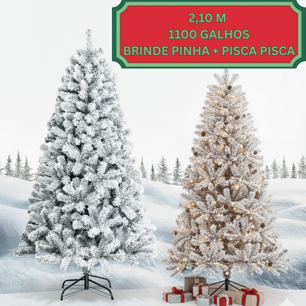 Árvore de Natal 2,10M Nevada + BRINDE Decorativa Luxo Realista c/ Galhos Cheios