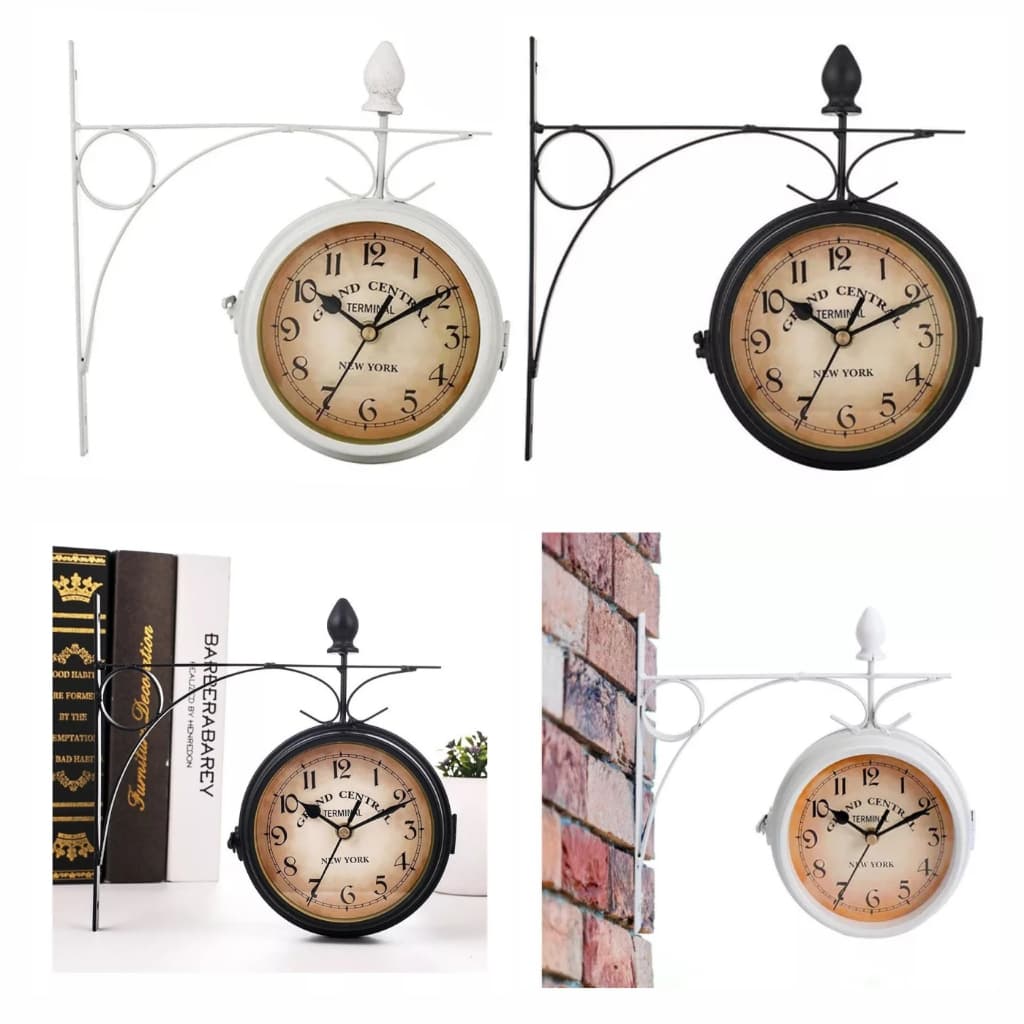 Relógio Estação Dupla Face Retrô Decoração New York Preto Branco