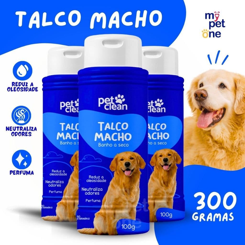 Kit 3 Talco Banho a Seco P/ Cães e Gatos Pet Clean 100g - Macho