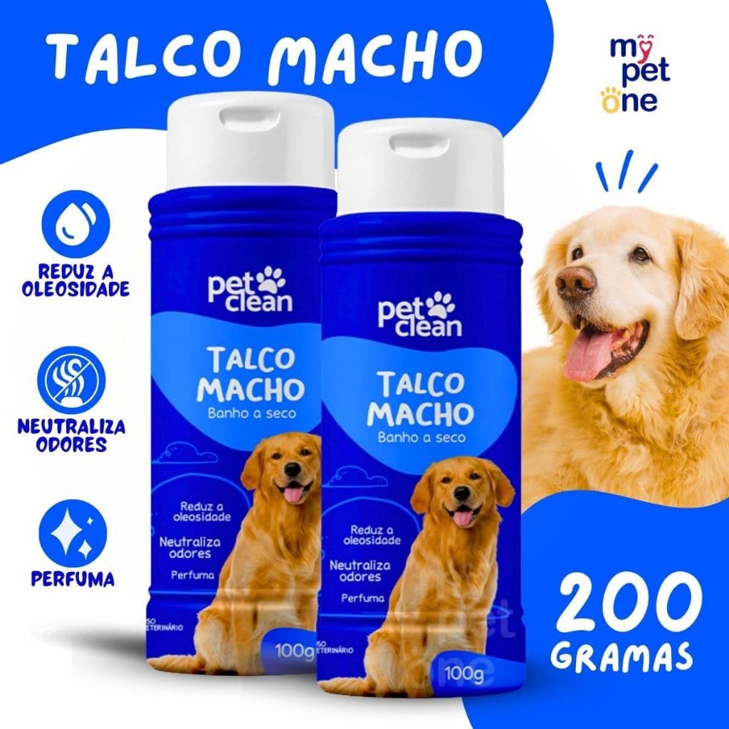 Kit 2 Talco Banho a Seco P/ Cães e Gatos Pet Clean 100g - Macho