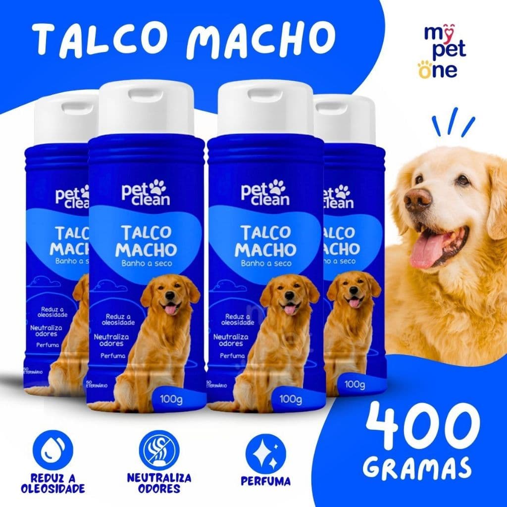 Kit 4 Talco Banho a Seco P/ Cães e Gatos Pet Clean 100g - Macho