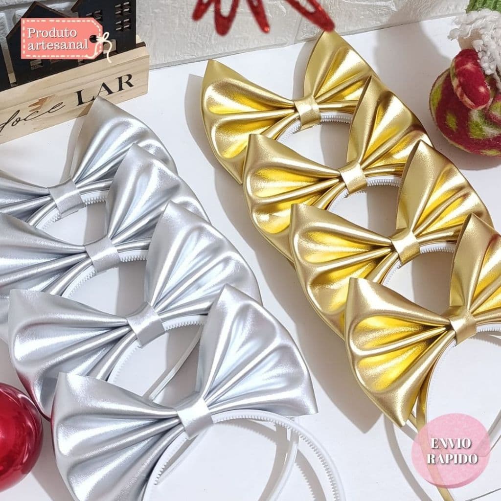 Arquinho Infantil com Laço em Pé Metalizado Dourado e Prata – Tiara Menina Luxo Festa, Aniversário