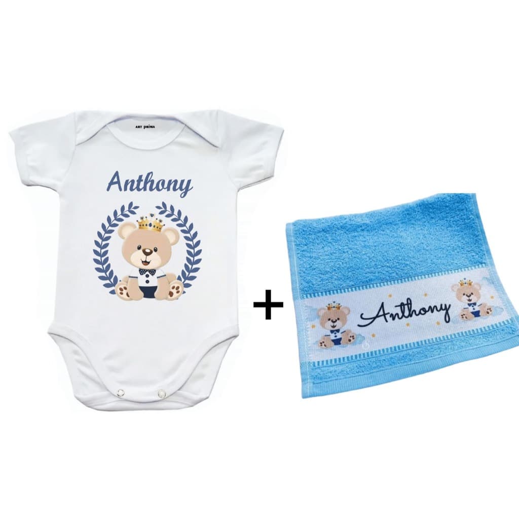 Kit Body + Toalhinha Bebê Príncipe Ursinho Urso Com Nome Personalizado Menino
