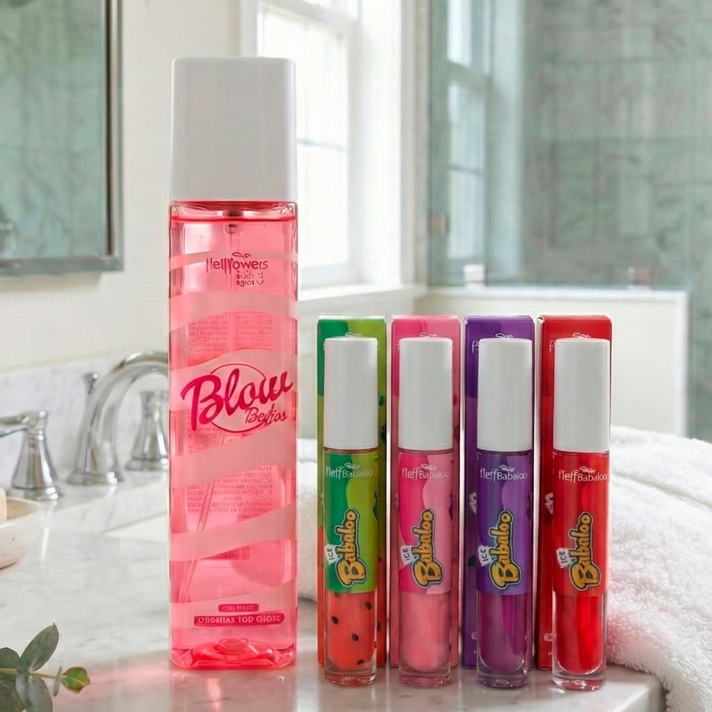 Kit Body Splash Blow Morango com Creme Gloss Labial Babaloo Hot Flowers Vibra e Gela Aroma Delicioso
