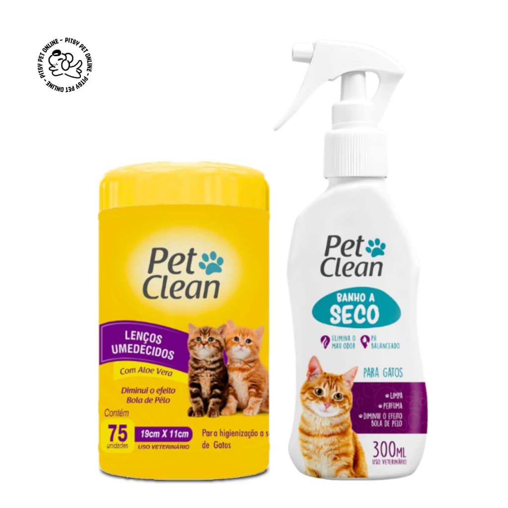Kit Banho a Seco para Gatos 300 ml Pet Clean + Lenço Umedecido 75 Unidades para Gatos Pet Clean