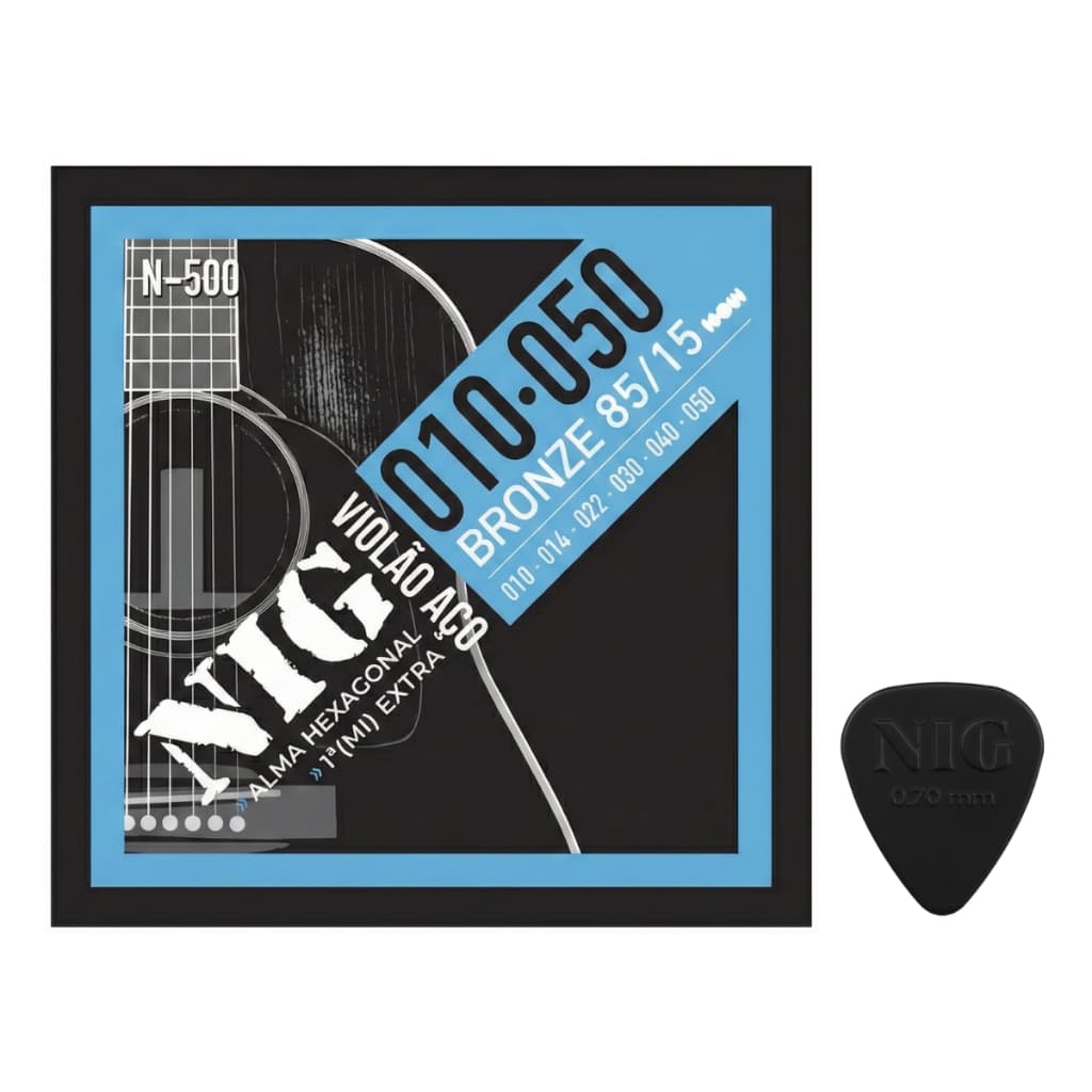 Encordoamento Nig N-500 para Violão Aço 010 Bronze com Bolinha C/Corda Extra + 1 Palheta - Tensão Média