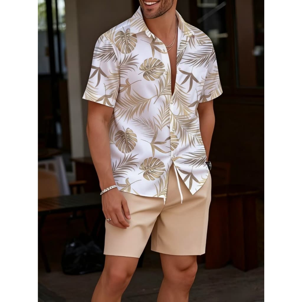 Conjunto de Camisa Havaiana de Manga Curta com Botões e Estampa Floral e Shorts com Cordão na Cintura para Homens, Verã