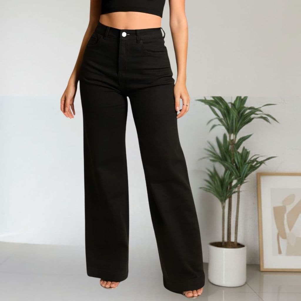 Calça Jeans Preta Wide Leg Feminina Pantalona Cós Alto Sem Lycra Social Elegante Moda Verão Gringa