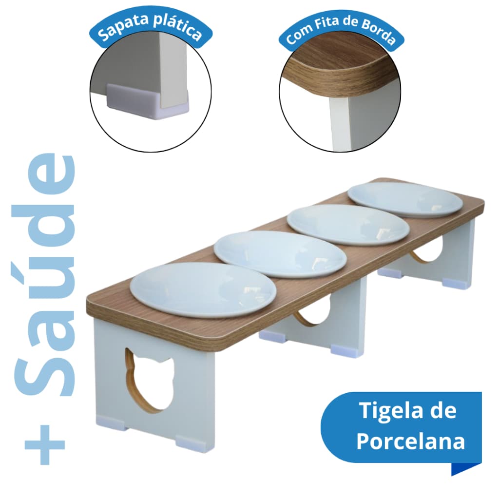 Comedouro Bebedouro Gato Elevado Quádruplo Linear Pet MDF