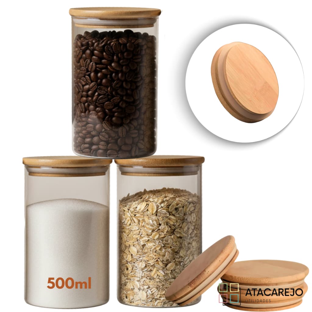 Kit Potes Hermético De Vidro Redondo Tampa De Bambu 300ml 500ml