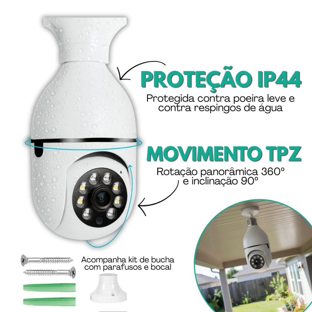 Câmera Lâmpada de Segurança Giro 360 Monitoramento por APP via WIFI Inteligente para Bocal E27