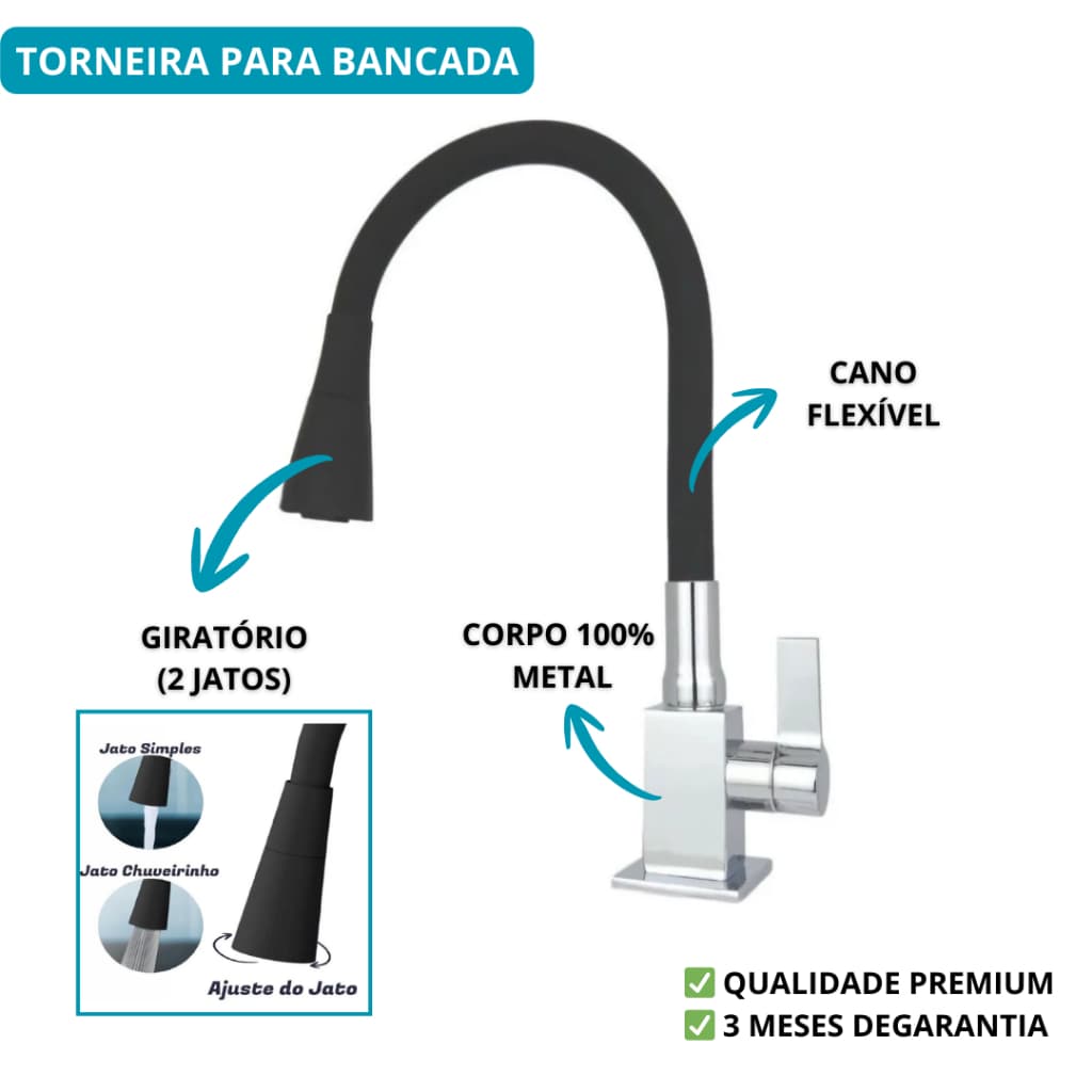 Torneira Pia Cozinha Gourmet Mesa Bancada Metal Cromada Quadrada Luxo Flexível 2 Jatos Fosco 4198
