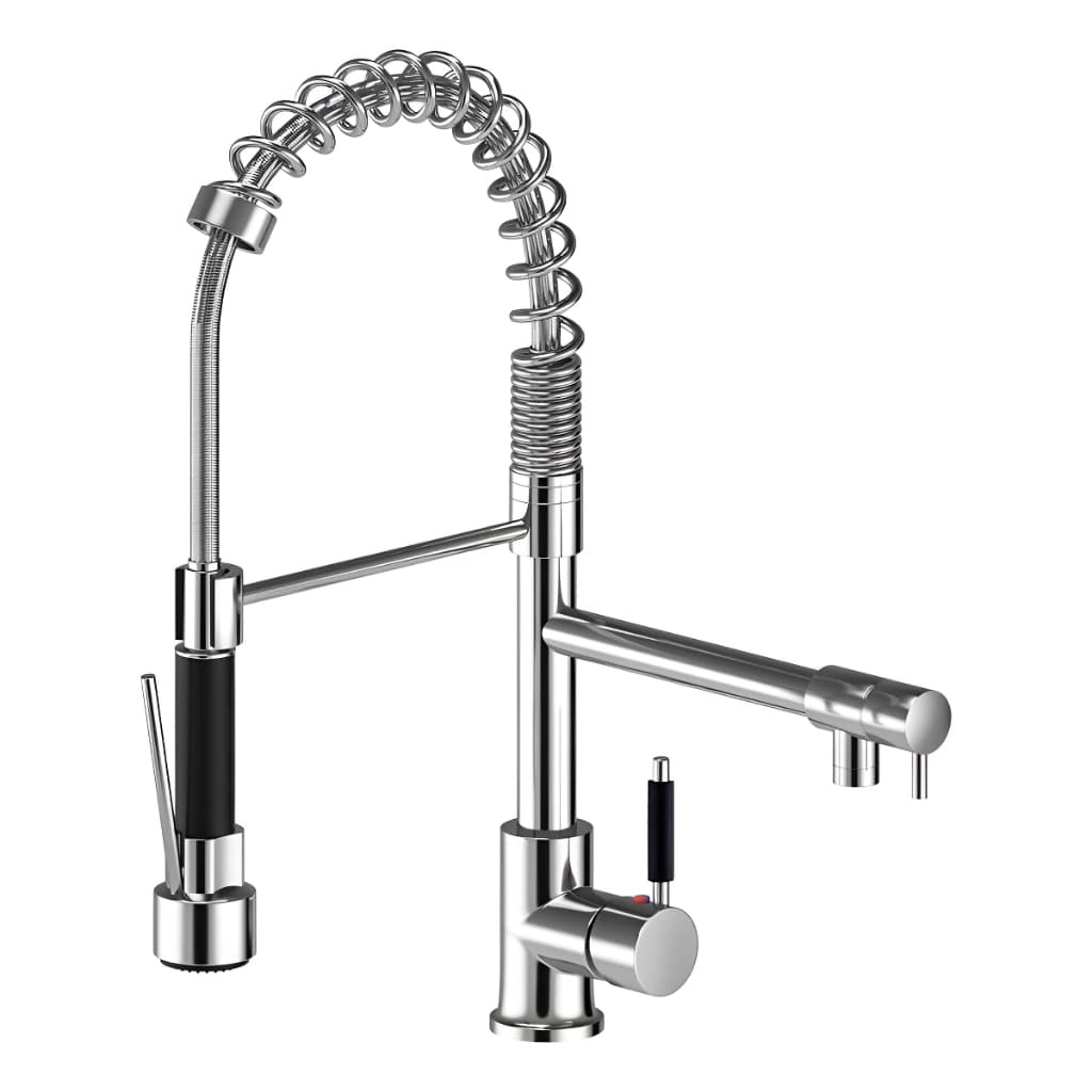 Torneira Cozinha Monocomando Gourmet Aço Escovado Inox Bica D'água Quente Frio Prateado e Preto