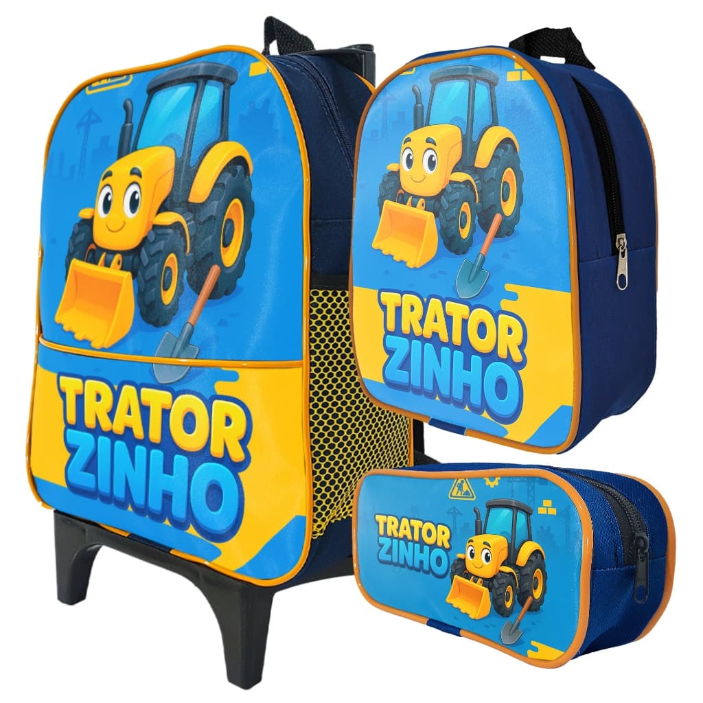 Kit Escolar Menino Infantil Tratorzinho Mochila de Rodinha, Estojo Simples 1 Ziper Lancheira Térmica