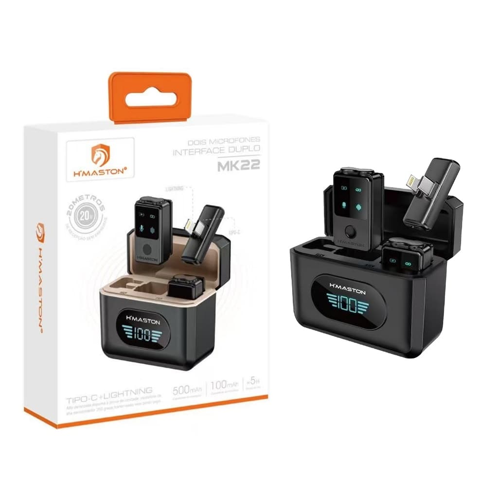 Kit 2 Microfones Interface Duplo Profissional Sem fio Magnético Redução de Ruído H'maston MK22