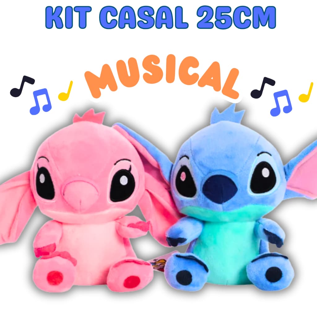 Ursinho Pelucia Azul Stich MUSICAL Pelucia Fofinha Boneca Pelucia Casal Azul Rosa Presente Criança