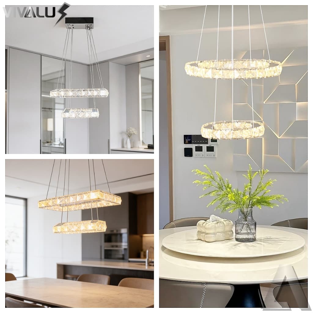 Lustre de Cristal Moderno LED Anéis Suspensos Duplos Sala Jantar Luxo Pendente Cristal 3 Cores Em 1