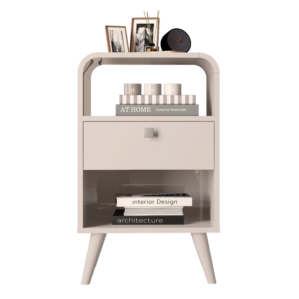 Mesa De Cabeceira Da Cama - Detalhe Curvado Com Gaveta offWhite pés palito - Retrô