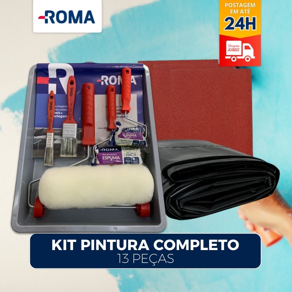 Kit Pintura Parede 13 Peças – Rolo de Lã, Lixa, Pincel e Lona Plástica | Completo e Econômico
