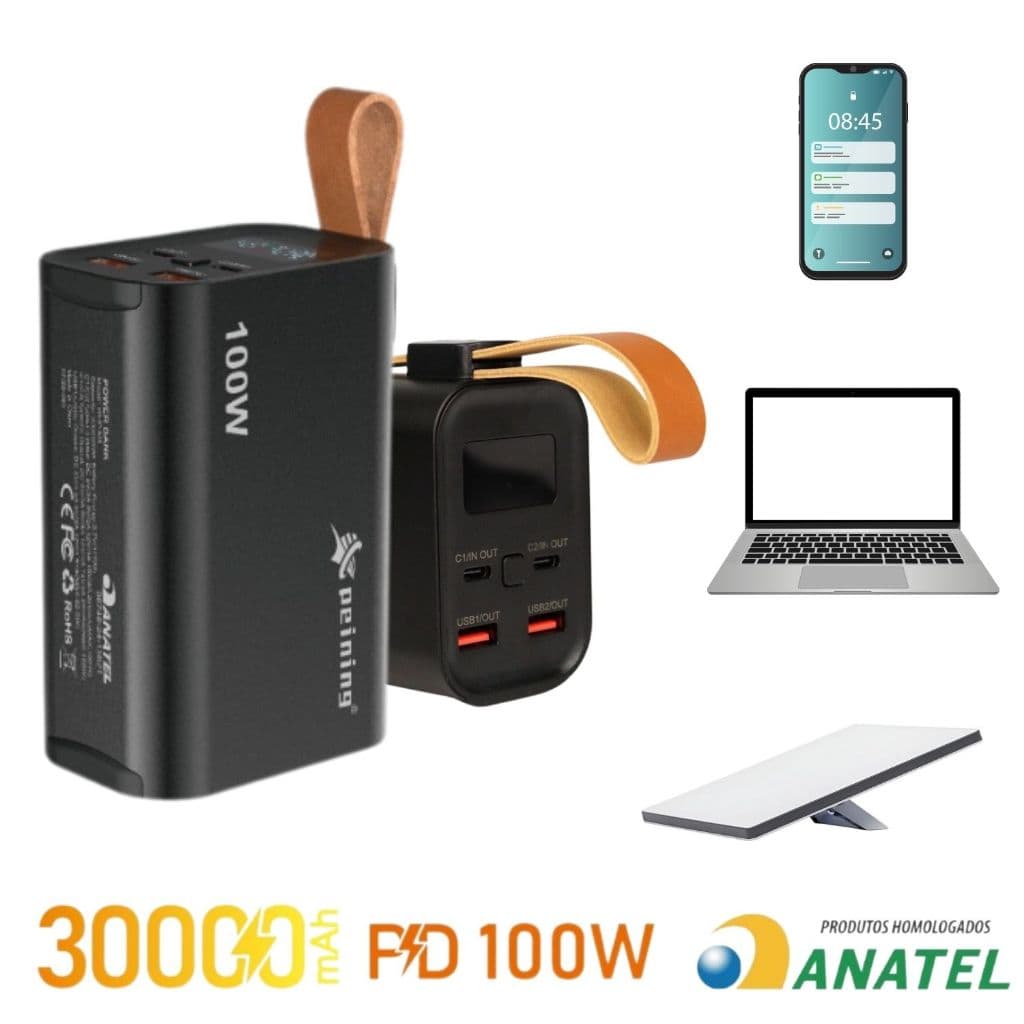 Power Bank Peining 30000mAh 100W Turbo USB-C PD | Compatível com Notebook, MacBook, iPhone e Android