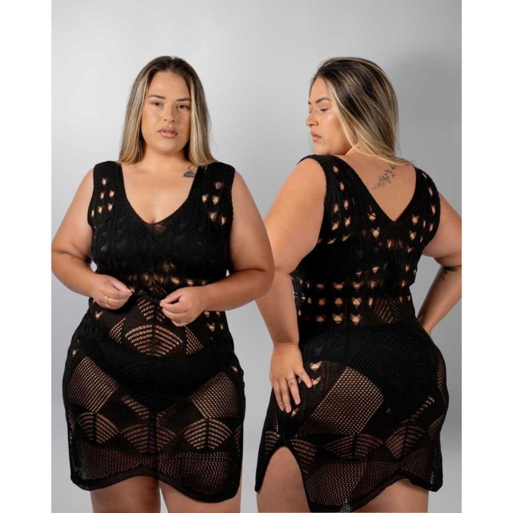 Vestido Saída de Praia Plus Size Tricot Midi Decote V Fenda Lateral Texturizada Tricot Moda Verão