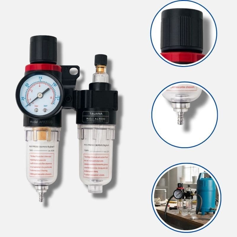 CONJUNTO LUBRIFIL FILTRO DE AR COM REGULADOR DE PRESSÃO E LUBRIFICADOR ROSCA 1/4" PNEUMATICO E PINTURA