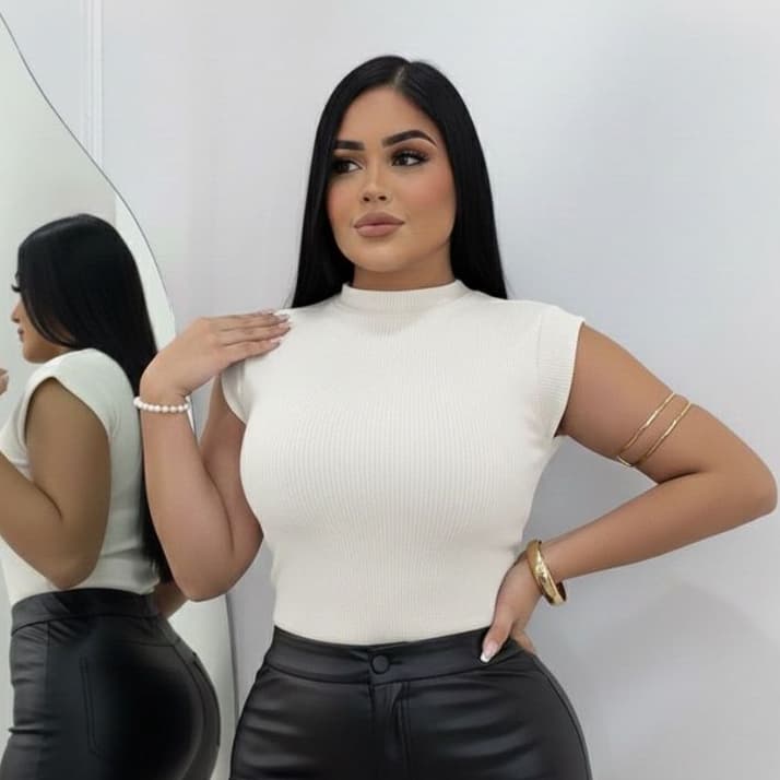 Body Feminino Básico Gola Alta Manguinha Anarruga Manga Curta Canelado Premium Outono verão 2025