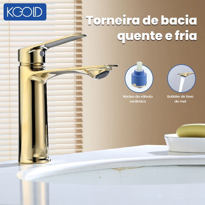 Torneira de banheiro de aço inoxidável de luxo quente e fria - bancada dourada