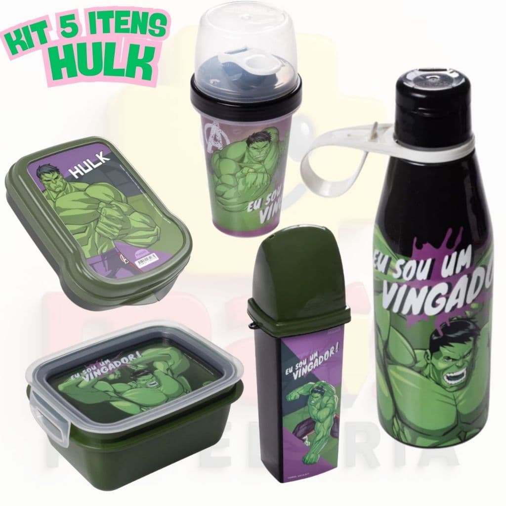 Kit 5 Hulk Lanche Marmita + Sanduícheira + Copo Mini Skakeira +Garrafa 530ml + Porta Escova/Porta Treco Escolar Infantil