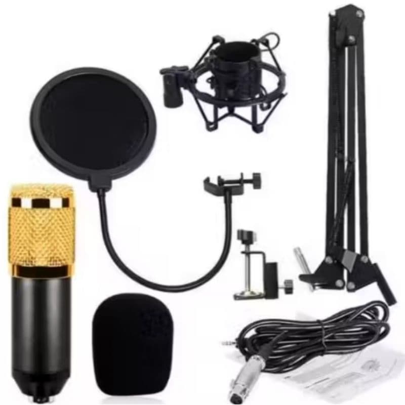 KIT MICROFONE PROFISSIONAL COMPLETO DOURADO COM POP FILTER ARANHA BRAÇO ARTICULADO