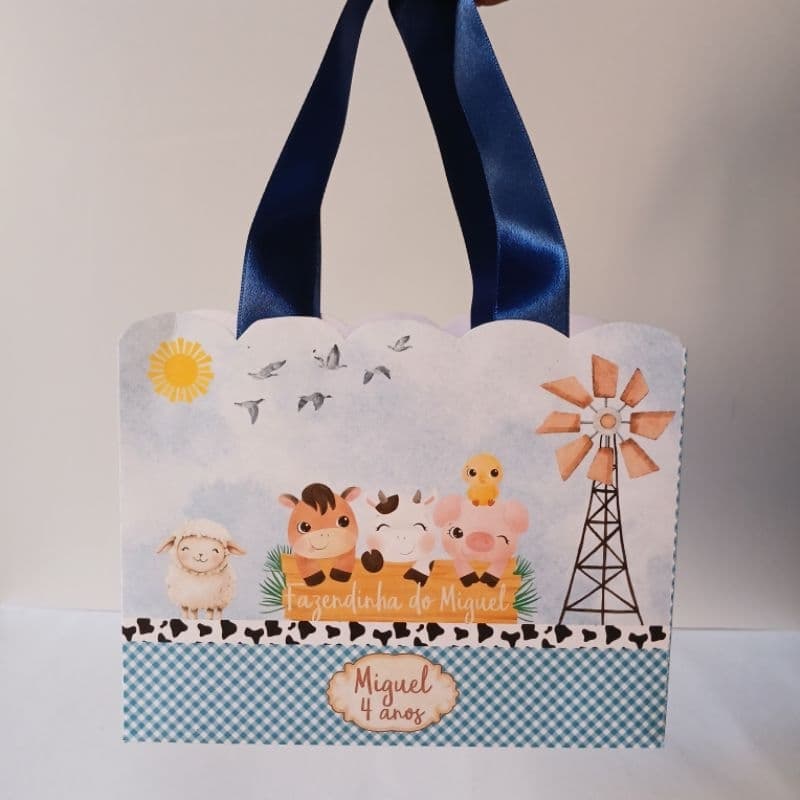 KIT 10 Sacolinhas Personalizadas Fazendinha Azul - Lembrancinhas Personalizadas Fazendinha Menino