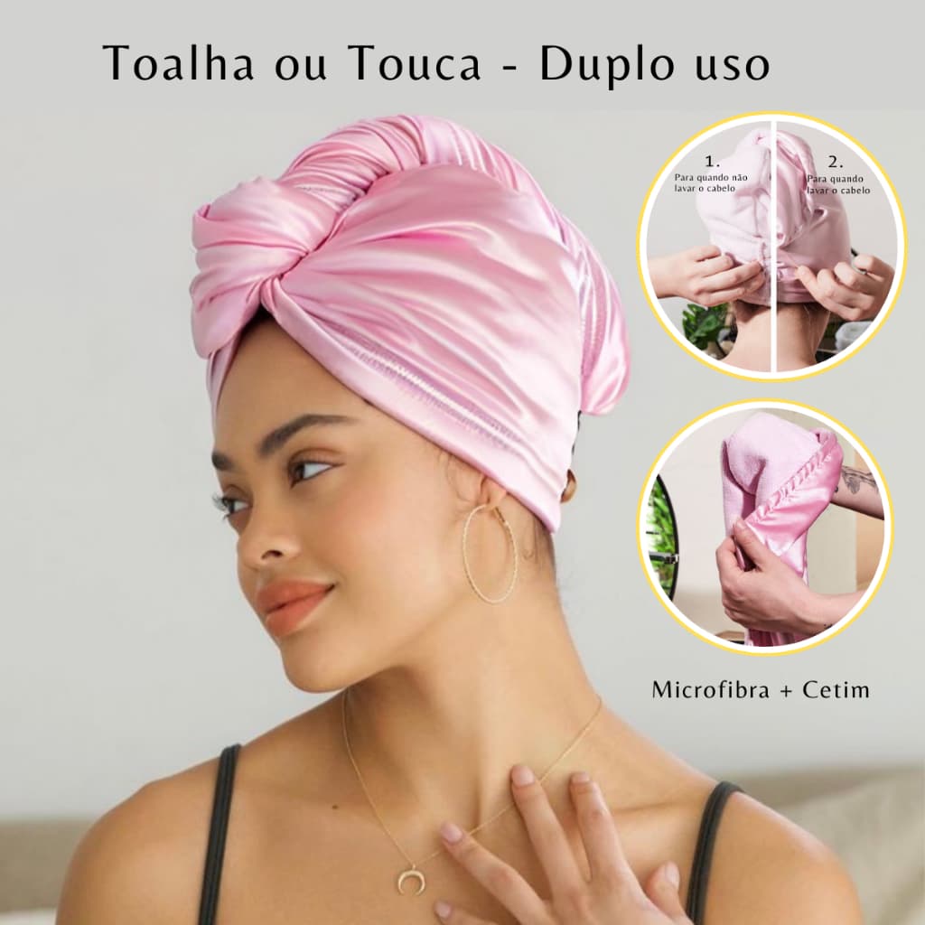 NEW Touca Banho e Toalha Para Cabelo Luxo|Cetim e Microfibra |Duplo Uso |Secagem Rápida| Antiumidade