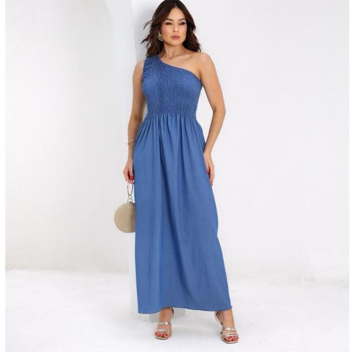 Vestido Longo  Feminino Soltinho Lastex  Modelo Mula Manca Tendência Moda Gringa