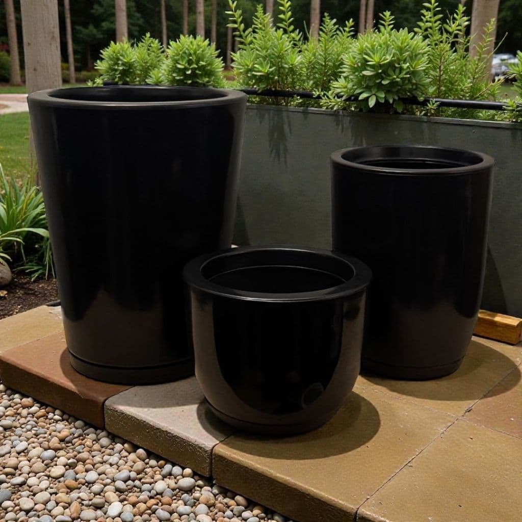 Kit 3 Vasos Marmorizados Decorativos Planta de Luxo ou Flor Polietileno Coluna polida N1 N2 + Bojo N1 Com Pratos