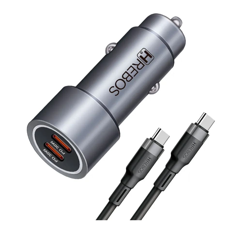 Carregador Veicular Hrebos 60w Turbo Usb-c + Cabo Crv-203c Cinza