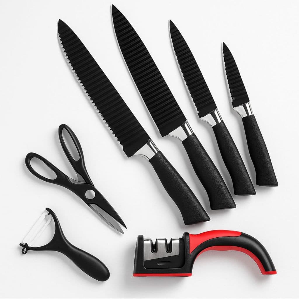 Kit Facas Profissional Inox para Cozinha Churrasco com Afiador 3 em 1 Tesoura Multiuso Descascador Ergonômico Completo