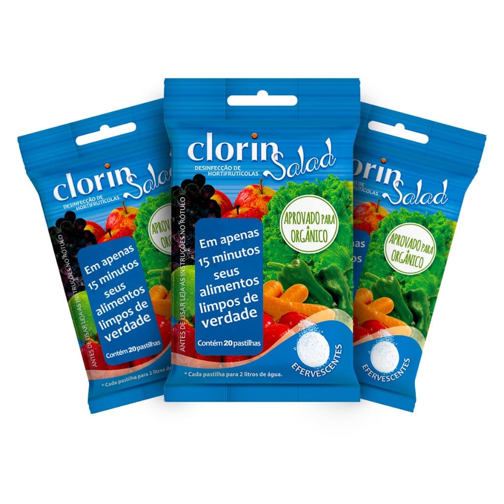 Kit 3 Clorin Salad- 60 Pastilhas Desinfeta Morango Verduras - Black Friday