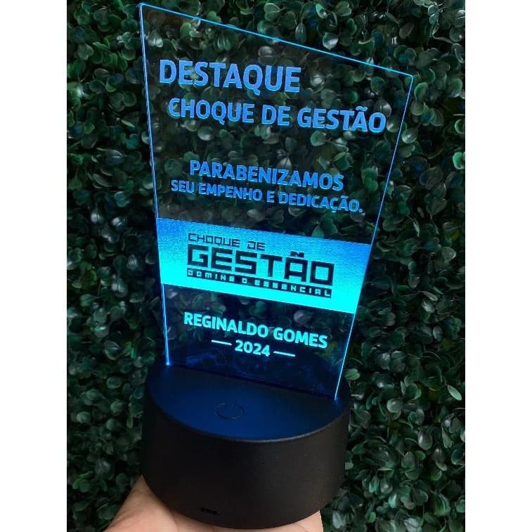Troféu Homenagem Personalizado Acrílico Led Base Pilha AA