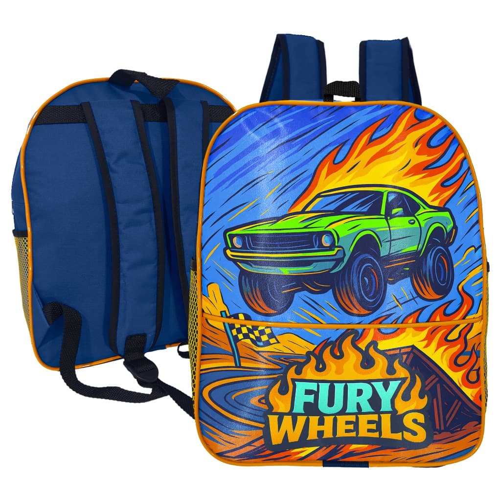 Mochila Infantil Escolar Menino Tema Carro de Corrida Fury Wheels  Resistente com Alça Ajustável