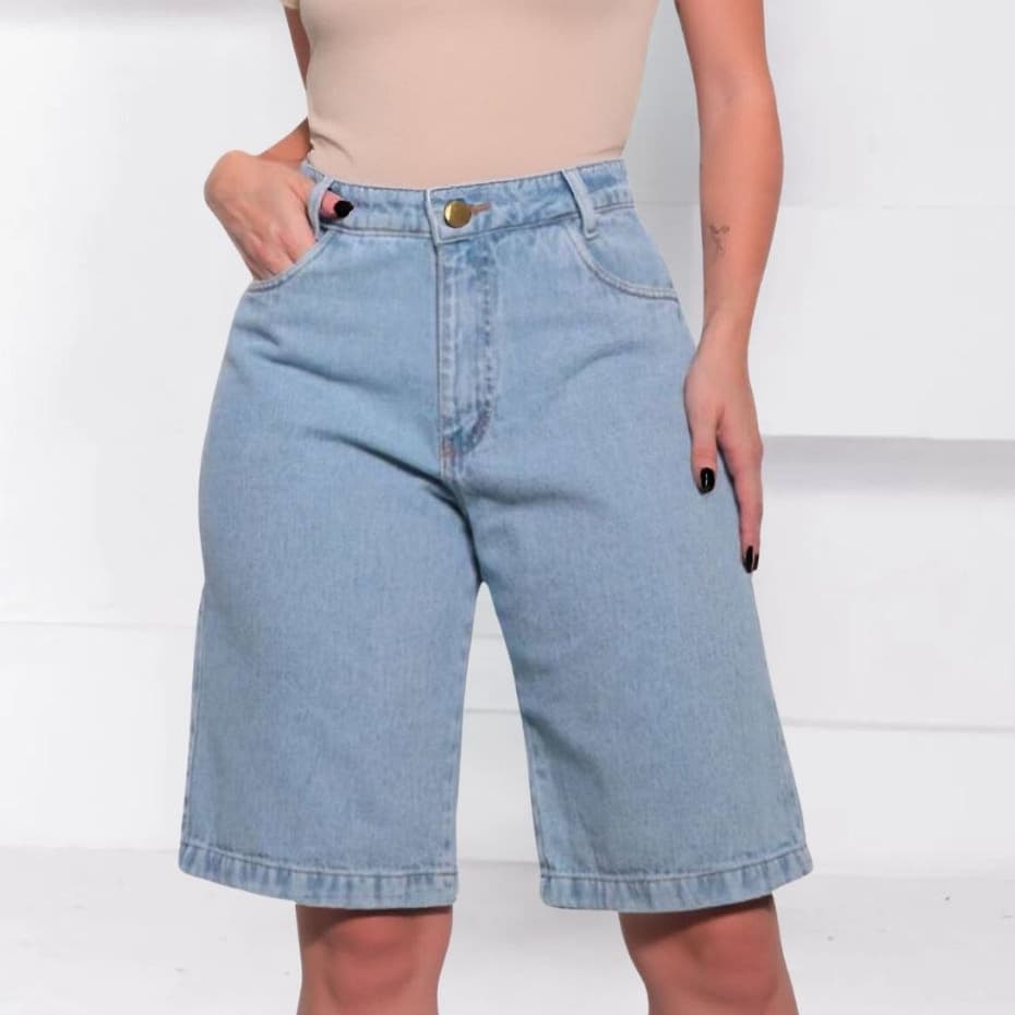 Bermuda feminina  Jorts sem Lycra Clara 100% Algodão Cintura Alta Meia coxa Ciclista Jeans Premium